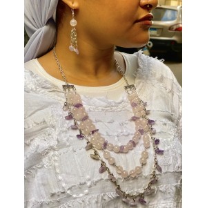 ‏Rose Quartz × Amethyst – Triple Layer Necklace with Earrings