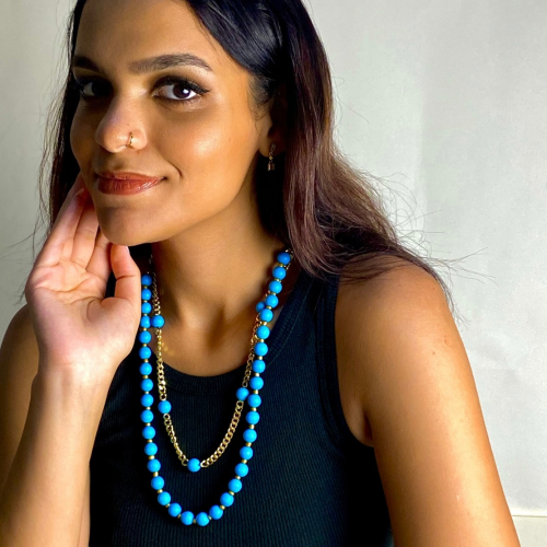 Double-layer Necklace with Treated Turquoise & Gold Chains